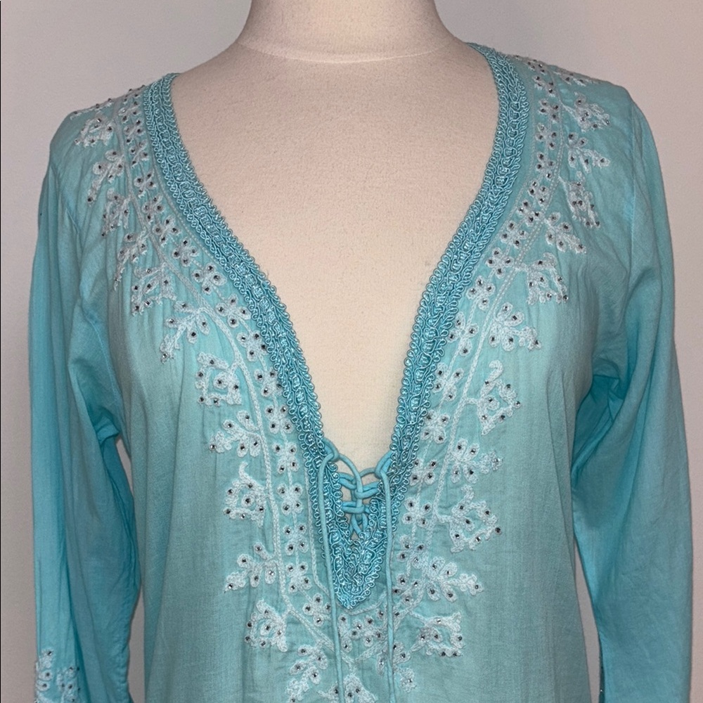 Melissa Odabash Sea Blue Embroidered Beaded Tunic Cover-Up Aqua Boho Luxe - Picture 2 of 11
